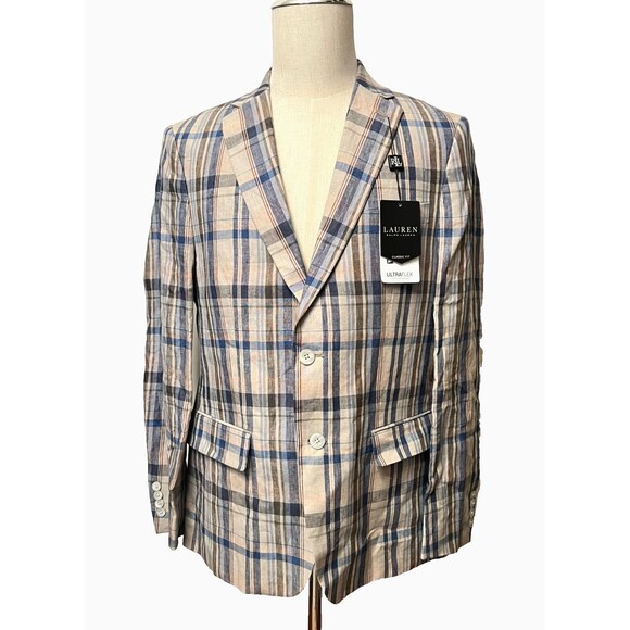 NWT $295 RALPH LAUREN Mens 38R Suit Blazer Sport Jacket LINEN Lassiter Plaid Tan - Picture 1 of 8